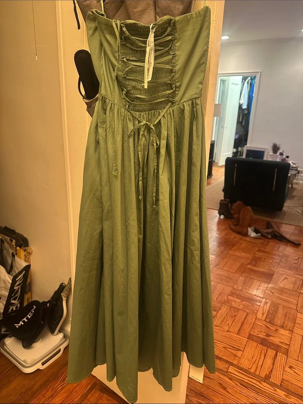 Abercrombie and Fitch Olive Green Strapless Tie-Back Midi Dress